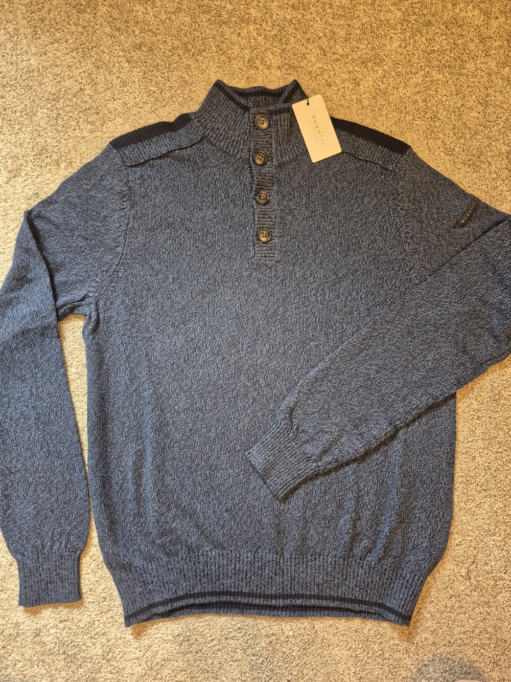 Bugatti NWT Men's Grey Textured Button Mock Neck Sweater Cotton Mix Large